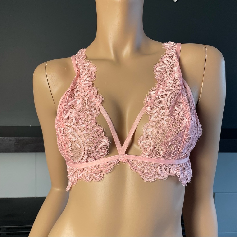 La SENZA Pink Mesh Lace Unlined Wireless Bralette Bra Scalloped Edge Floral